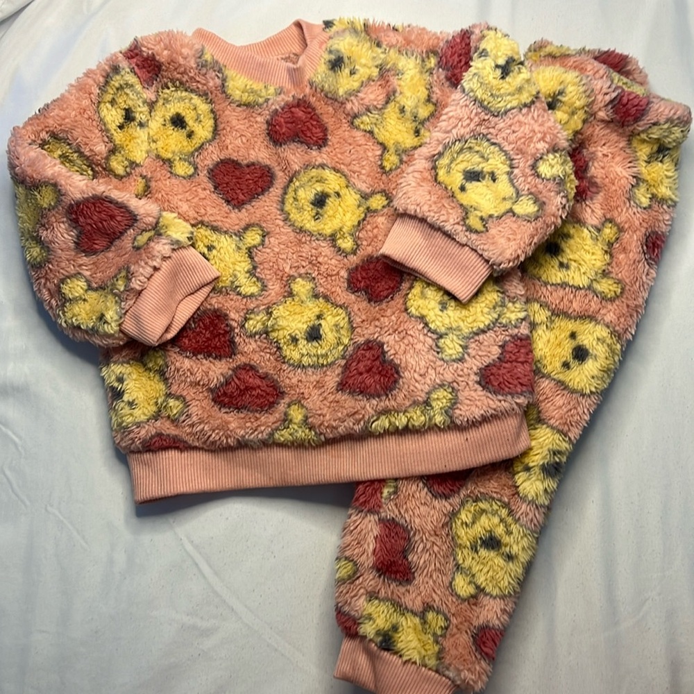 Disney Kids Pink Yellow Pooh Sherpa Crewneck & Pant Matching Set Baby Girl 18 Mo